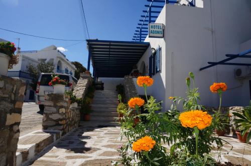 a stairway with orange flowers in front of a building at Adonis Hotel Naxos in Apollon