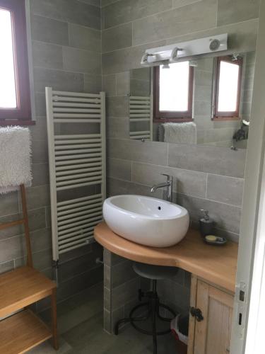 La salle de bains est pourvue d'un lavabo blanc et d'un miroir. dans l'établissement Studio Montfleury, à Corenc