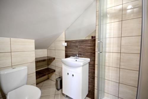 a bathroom with a toilet and a sink and a shower at Duet in Karwia