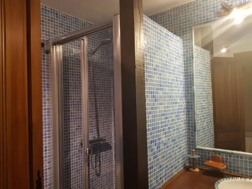 a blue tiled bathroom with a shower and a mirror at Villa SABENA in Cazorla