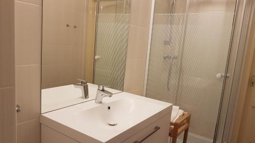 a white bathroom with a sink and a shower at CBS Apartments Budapest in Budapest