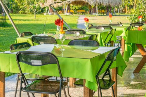 a row of green tables with chairs in a park at Finca Azulinas in La Tebaida
