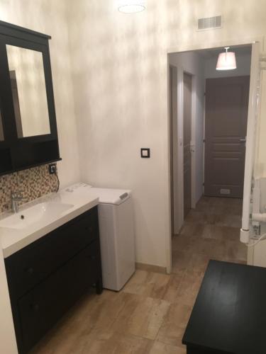 a bathroom with a sink and a mirror at La maison de Salavas in Vallon-Pont-dʼArc