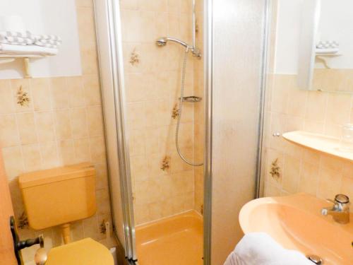 y baño con ducha, aseo y lavamanos. en Haus *Üüs Aran* Wohnung Nr. 5, en Nebel