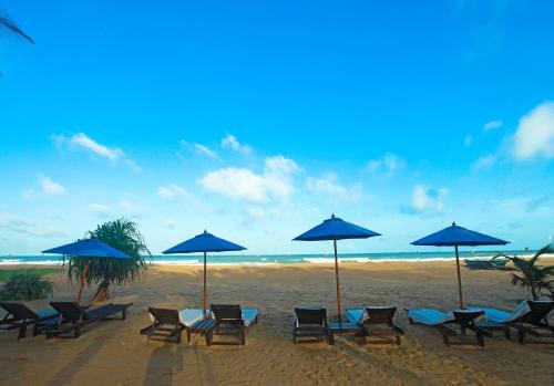 Un grupo de sillas y sombrillas en una playa. en Beacon Beach Hotel Negombo, en Negombo