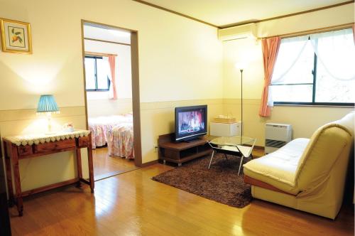 a living room with a couch and a television at Anise Garden in Hakuba