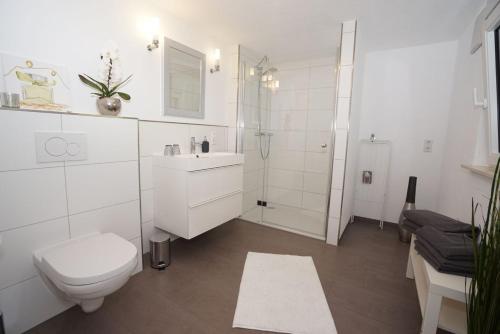 a bathroom with a toilet and a sink and a shower at York Cottage Garden in Traben-Trarbach
