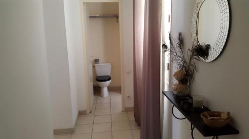 een badkamer met een toilet en een spiegel bij studio au vieux port in Marseille