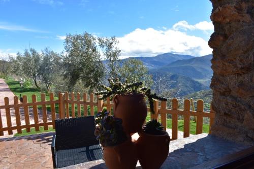 two potted plants on a balcony with a fence and mountains at Dreams Alpujarra in Pampaneira