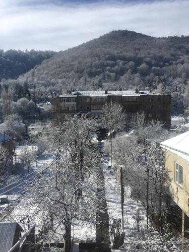 a train traveling through a town with snow on the ground at Areguni Guest House in Dilijan