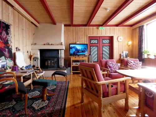 a living room filled with furniture and a fire place at Tronsvangen Seter in Alvdal