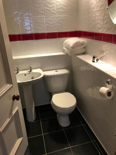 a small bathroom with a toilet and a sink at Fernlea spacious apartment in Arbroath