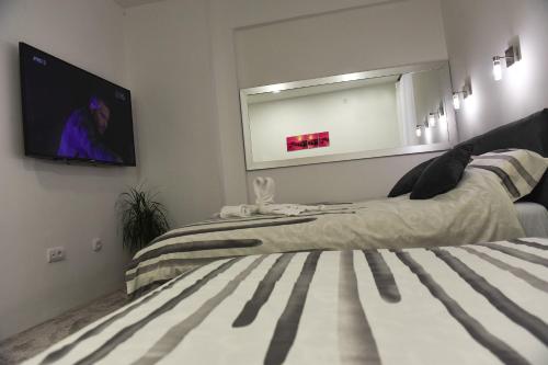 a bedroom with two beds and a flat screen tv at Apartment Centar in Užice