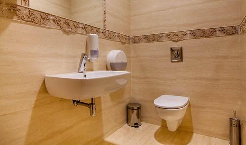 a bathroom with a sink and a toilet at Veles Hotel in Dnipro