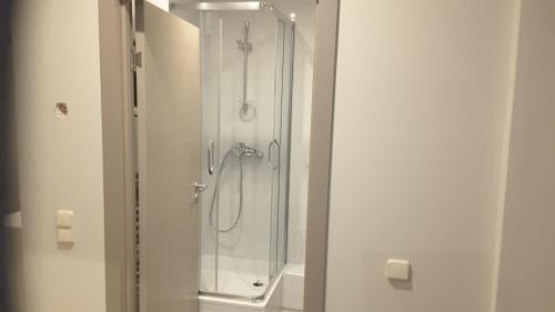 a shower in a bathroom with a glass at Family or Group Apartment in Silent Center in Riga