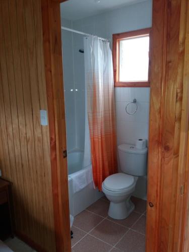 a bathroom with a toilet and a shower and a window at Cabañas El Leñador in Coihaique