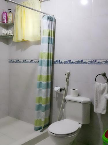 a bathroom with a toilet and a shower curtain at Carribean Transient House in Lucap