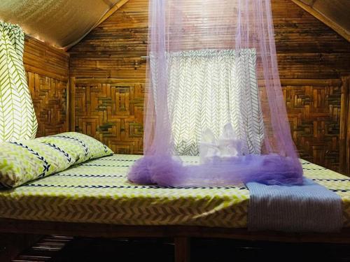 a bed with a window with a mosquito net at Gaea's Apartments in Panglao Island