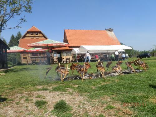 a group of giraffes standing in front of a building at Tradicije Cigoc in Čigoč