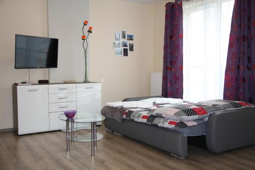 a bedroom with a bed and a tv and a table at Apartament Tabaco in Łódź