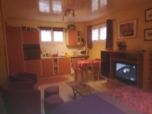 a living room with a television and a kitchen at Maison in Montricher-le-Bochet