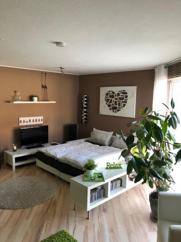 Schlafzimmer mit einem Bett, einem TV und einem Tisch in der Unterkunft Chalet Joe in Waldbreitbach