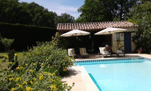 einen Pool mit Stühlen und Sonnenschirmen neben einem Garten in der Unterkunft Le Colombier in Villeneuve-sur-Lot