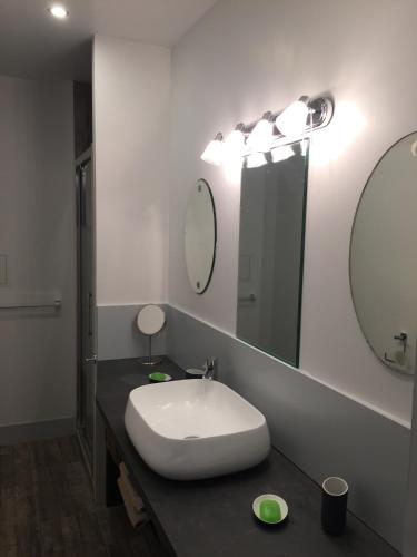 une salle de bain avec un lavabo et deux miroirs dans l'établissement Gite La Maison Blanche Familiale Château La Roche Racan, à Saint-Paterne-Racan
