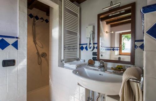 a bathroom with a sink and a mirror and a shower at Il Nido di Gabbiano in Scarperia