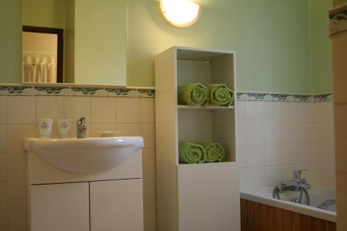 La salle de bains est pourvue d'un lavabo et d'une baignoire. dans l'établissement Les Eaux Tranquilles, à Belvianes-et-Cavirac