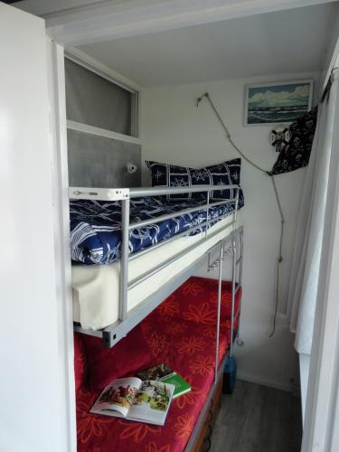two bunk beds in a small room with a book at Lütte Höög in Sierksdorf
