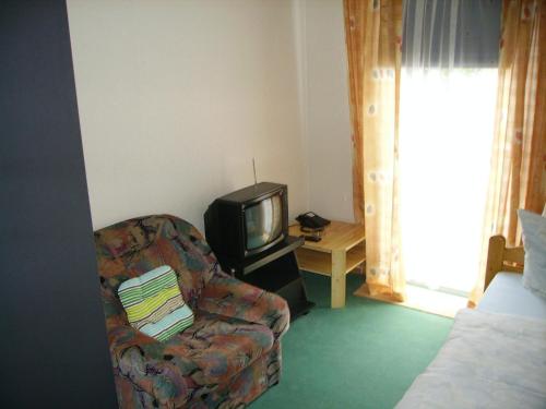 a living room with a couch and a tv at Hotel Kraichgauidylle in Malsch