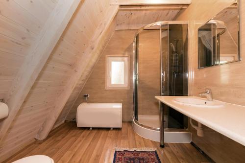 a bathroom with a sink and a shower in a attic at Gryf Domki Pobierowo in Pobierowo