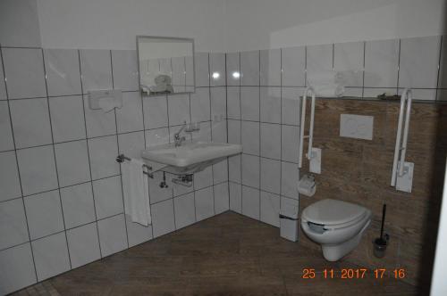 a bathroom with a toilet and a sink at Hotel Mezzero in Waldshut-Tiengen