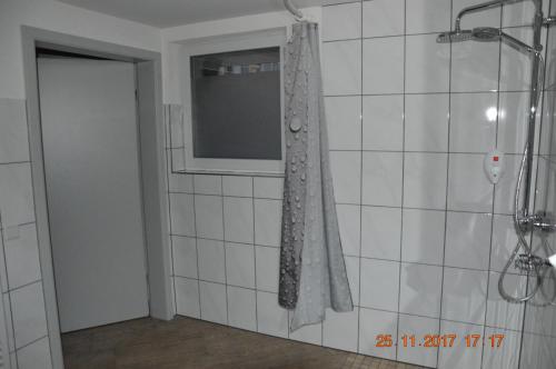 a bathroom with a shower and a window at Hotel Mezzero in Waldshut-Tiengen
