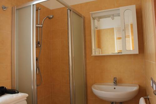 a bathroom with a sink and a shower with a mirror at Residenza Alpaluba in Vasto