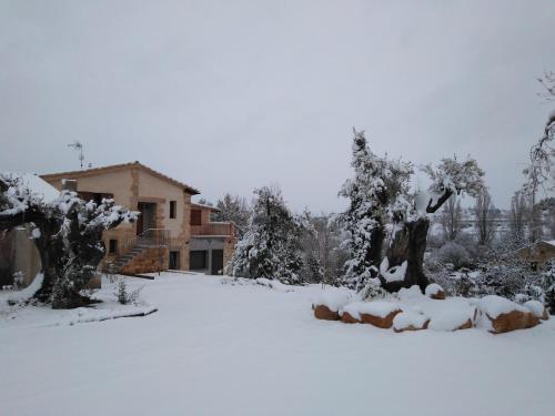 a snow covered yard with a house in the background at Maset del Riu in Valderrobres