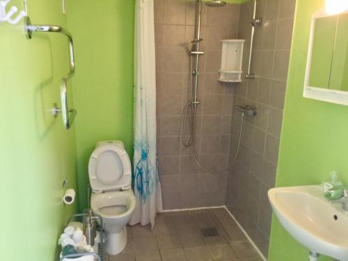 een badkamer met een douche, een toilet en een wastafel bij Risskov Bellevue Guesthouse in Aarhus