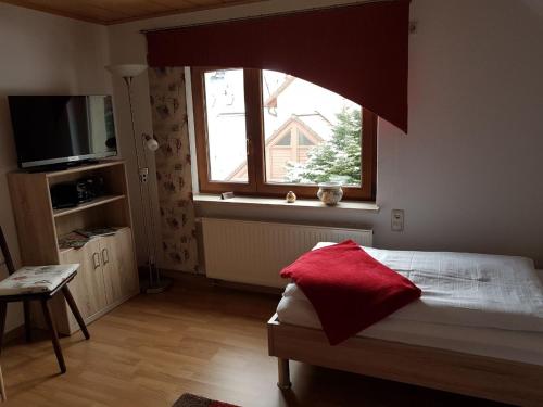 a bedroom with a bed and a window with a red blanket at Ferienhaus Günther in Aue