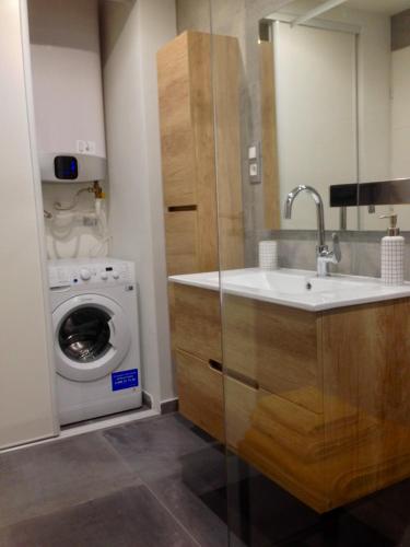 une salle de bain avec une machine à laver et un lavabo dans l'établissement Studio 33, à Nice
