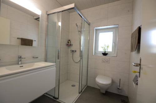 La salle de bains est pourvue d'une douche, de toilettes et d'un lavabo. dans l'établissement Interlaken Central 2, à Interlaken