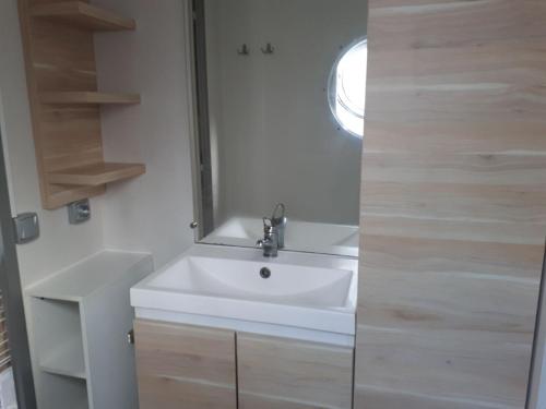 ein Badezimmer mit einem weißen Waschbecken und einem Spiegel in der Unterkunft Mobil Home Sainte Baume in Nans-les-Pins