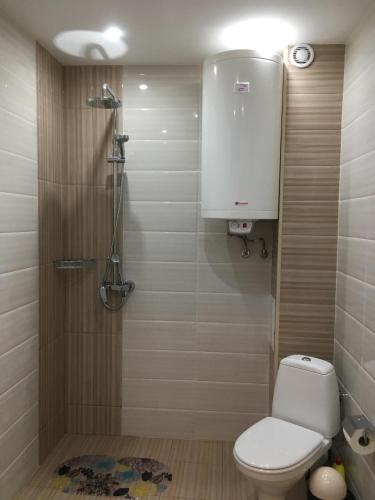 a small bathroom with a toilet and a shower at Apartments Park Place in Sandanski