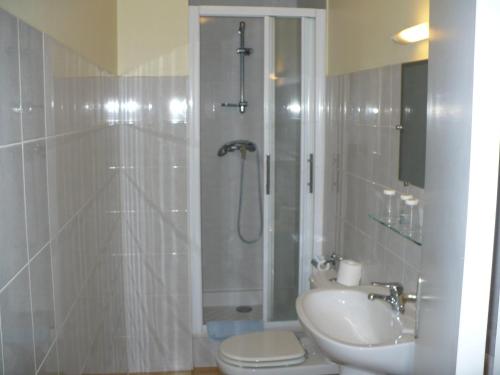 a bathroom with a shower and a toilet and a sink at Auberge La Pignata in Montélimar