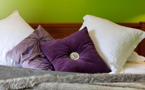 a bed with purple pillows and a green wall at Logis La Source Bleue in Gudmont