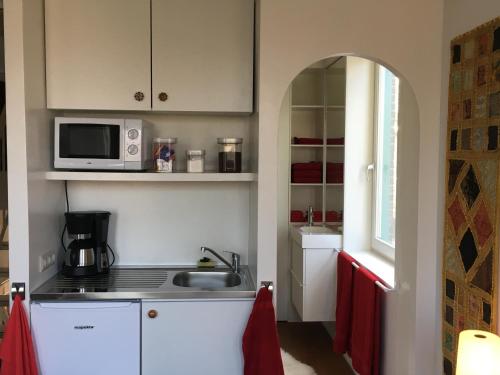 a kitchen with a sink and a microwave at B&B Canal Sight in Amsterdam