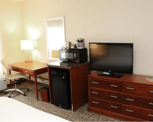 a hotel room with a television and a desk and a bed at Wyndham Garden Buffalo Downtown in Buffalo