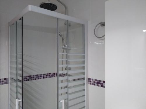 La salle de bains est pourvue d'une douche avec une porte en verre. dans l'établissement La Estrella de Alicante, à Alicante