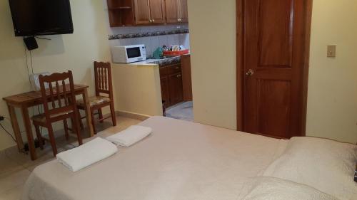 a bedroom with a bed and a table and a microwave at Hostal Bocas Tropical Paradise in Bocas del Toro