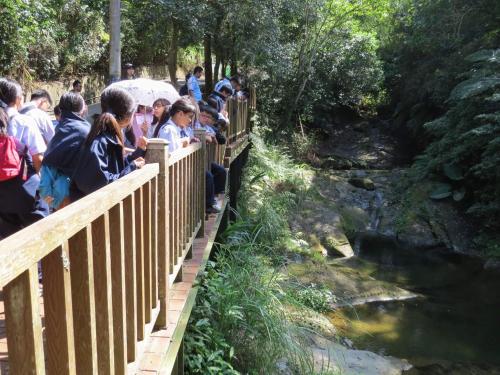a group of people on a bridge over a river at The house behind stream in Dahu
